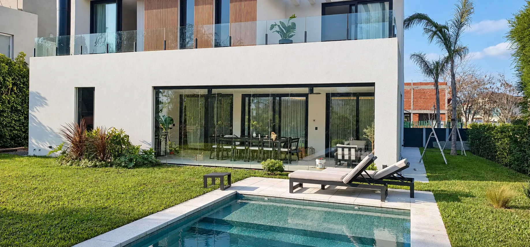 Casa con la planta baja cerrada con paños de vidrio frente a la piscina y el jardín